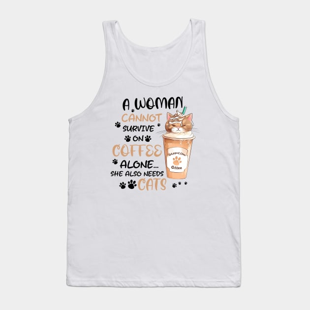 A woman cannot survive on coffee alone she also needs cats Funny Quote Hilarious Sayings Humor Tank Top by skstring